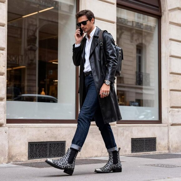 Men’s White Chelsea Pointed Metal Toe Leopard Print Ankle Street Style Boots main image 2